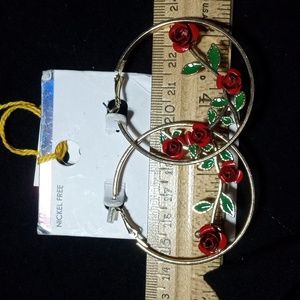 Nickel Free gold tone Rose hoop earrings